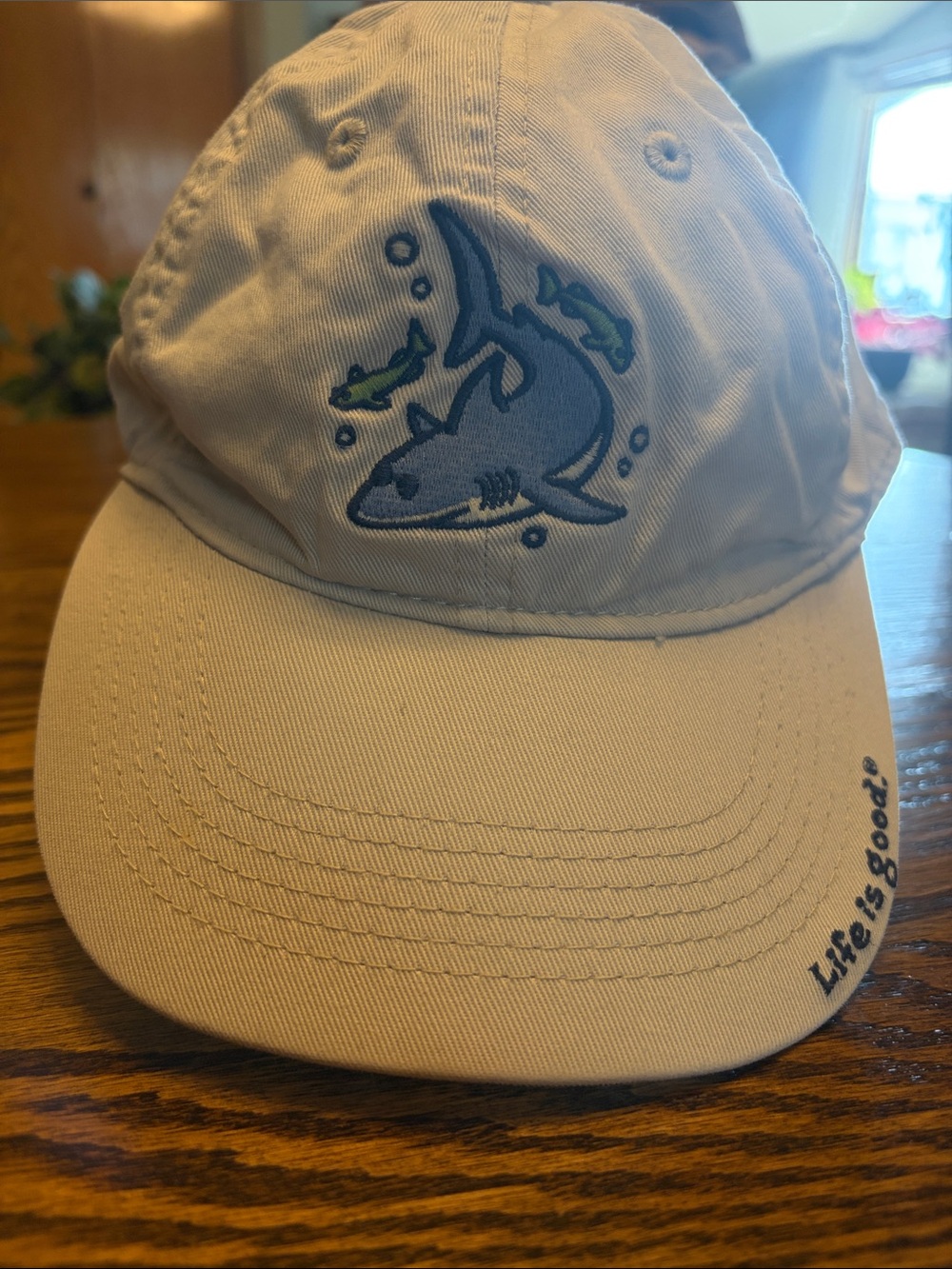 Life Is Good Light Beige Shark Embroidered Cap with Blue & Green Accents